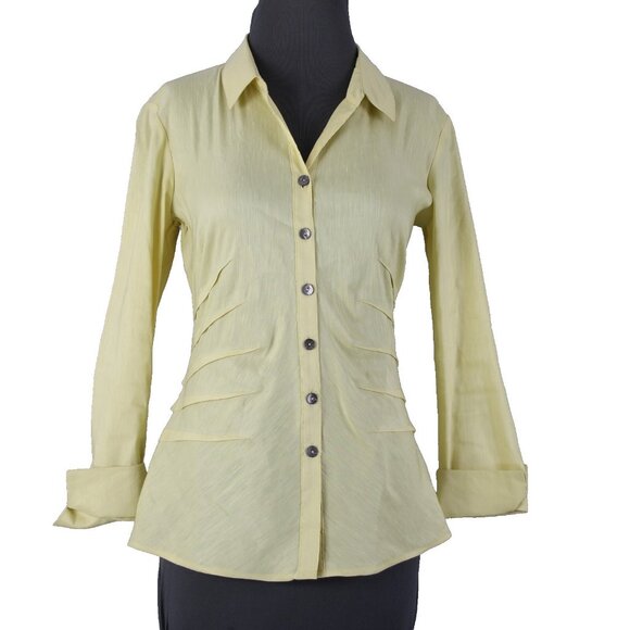 Nic + Zoe Sz S Yellow Collar Button 3/4 Sleeve Linen Polyester Blend Classic Top - Picture 1 of 13